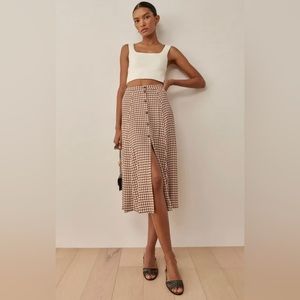 Reformation Tan and White Gingham Midi Skirt